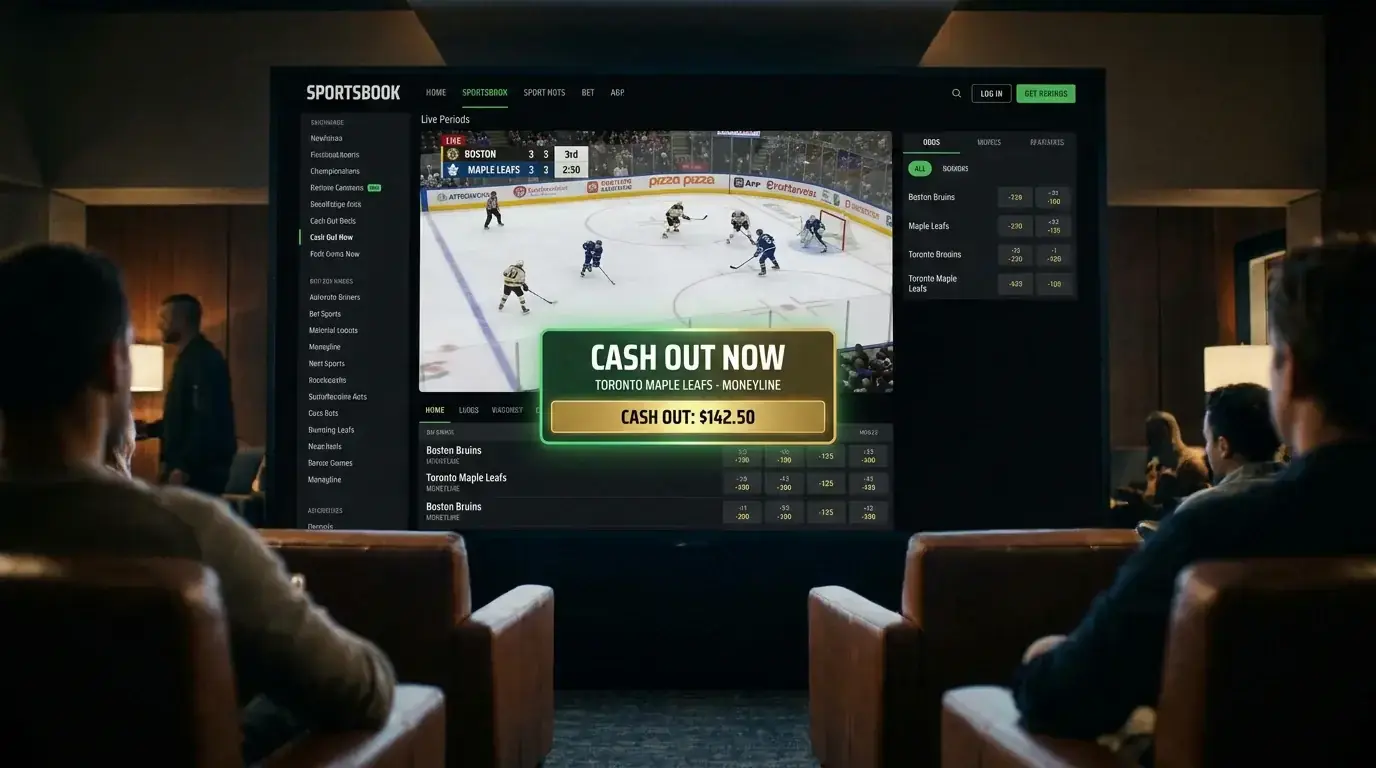 Бутон за cash out на екран по време на хокеен залог на живо