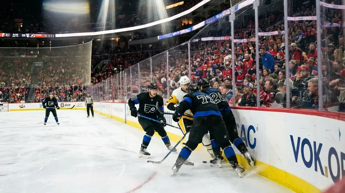 Хокеен мач от NHL с домакински отбор и публика на трибуните